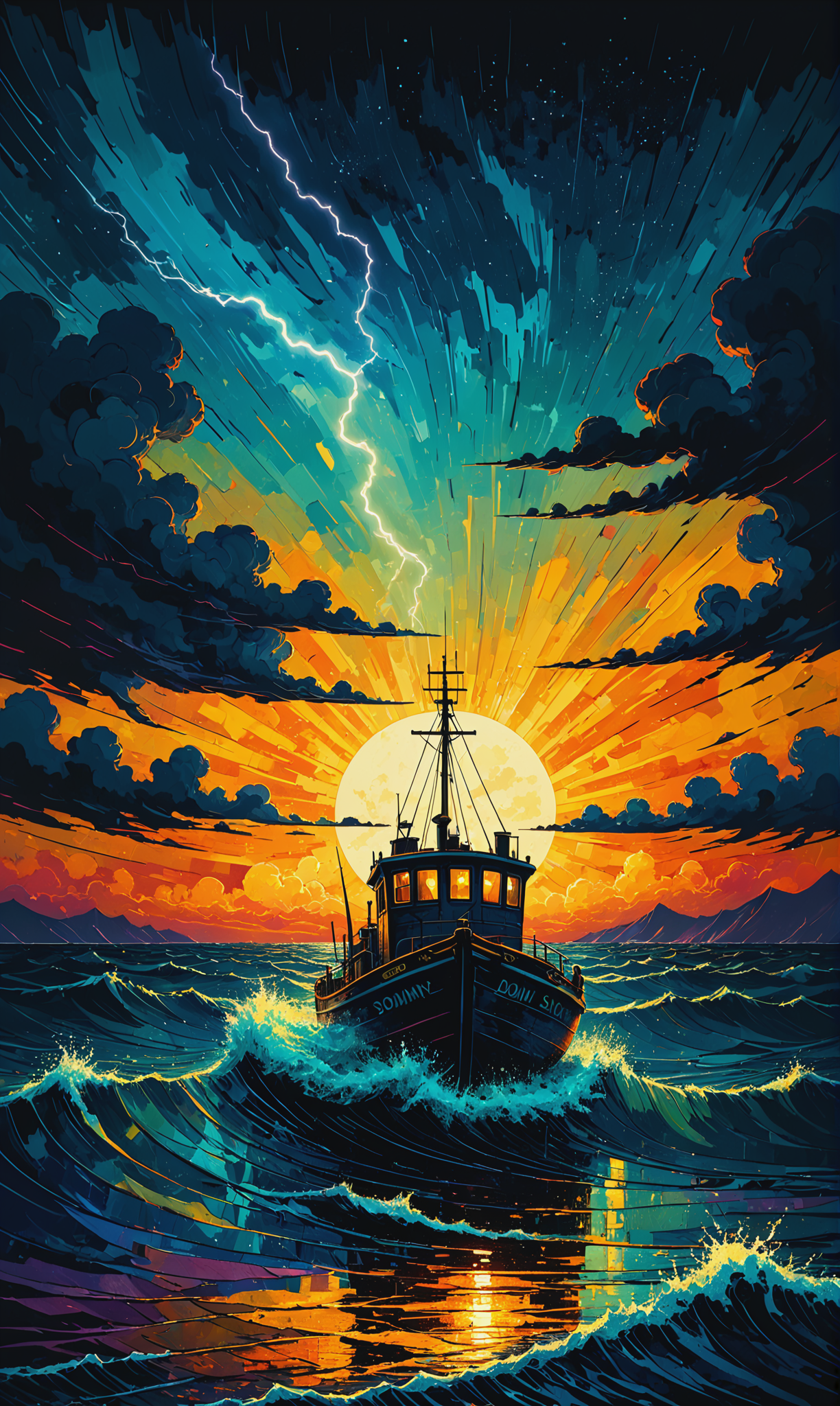 01027-3108717072-Mixed media magic. Artist James R. Eads. Stormy night over the troubled sea. drifting fishing boat, flashes of lightning on the.png